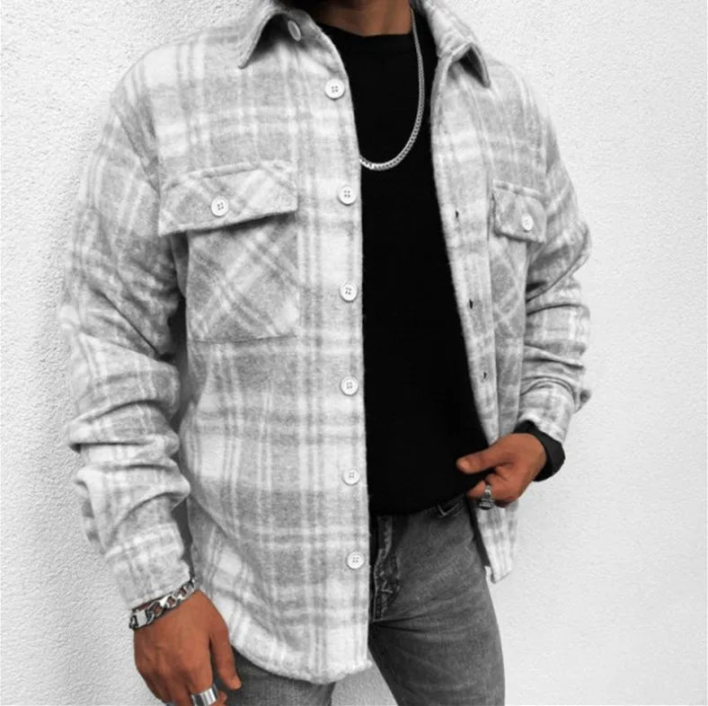 Men's Flannel Shirt with Stand-Up Collar