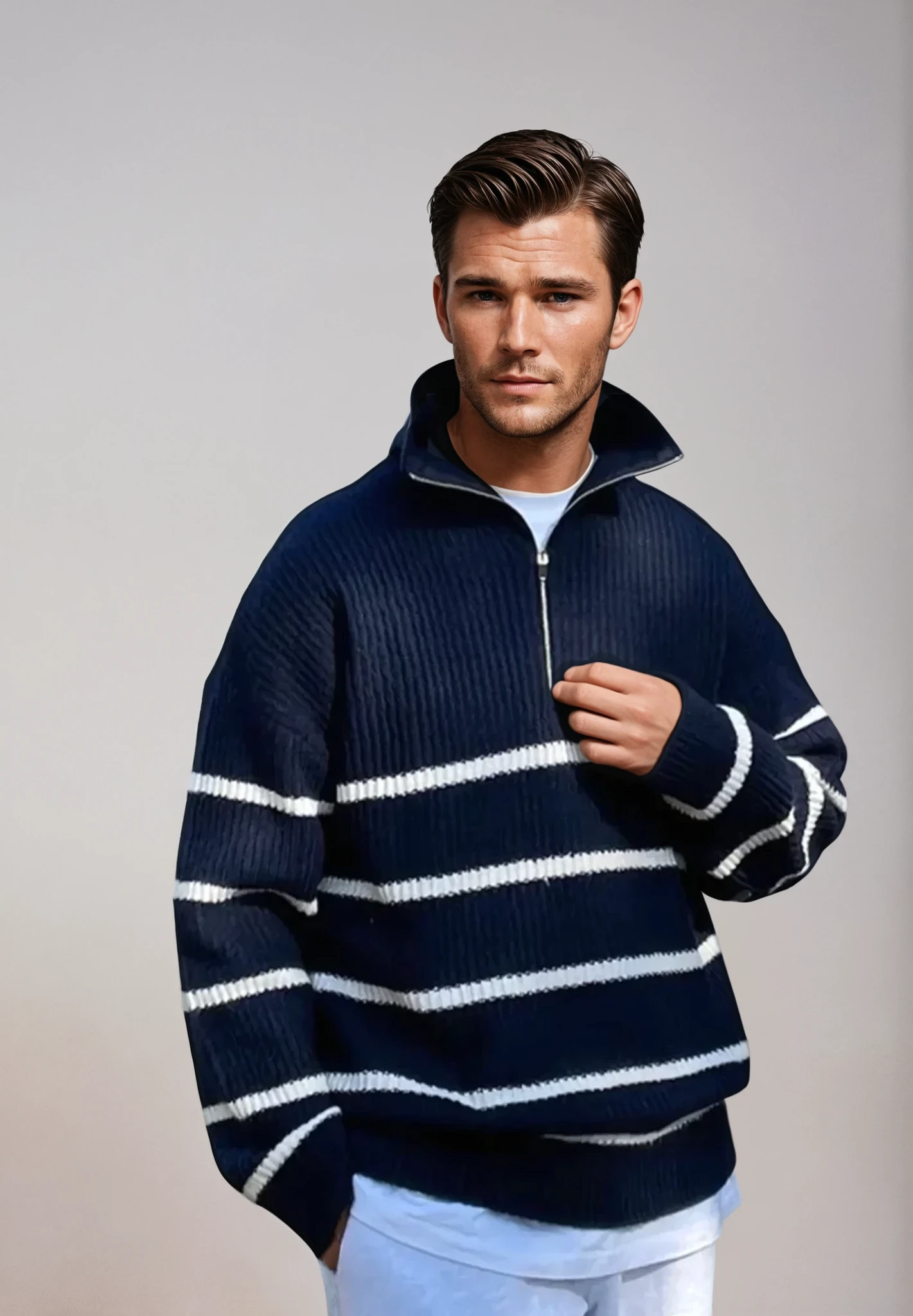 Men's Retro Casual Sweater with Half Zip