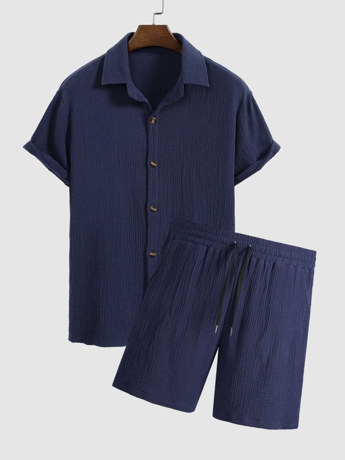 Men's pleated textured solid color short sleeve set