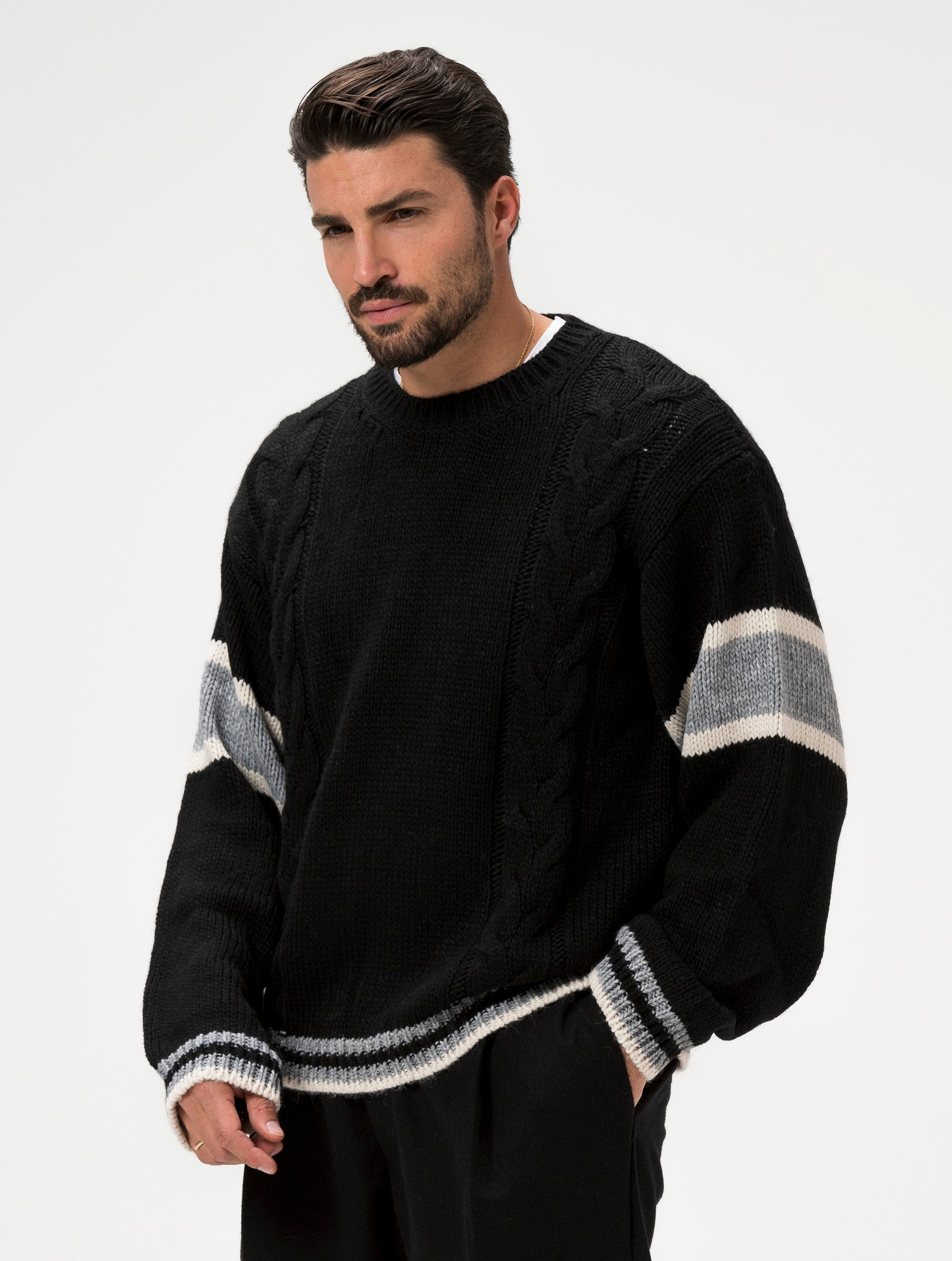 Men's Cable Knit Jumper with Stripes
