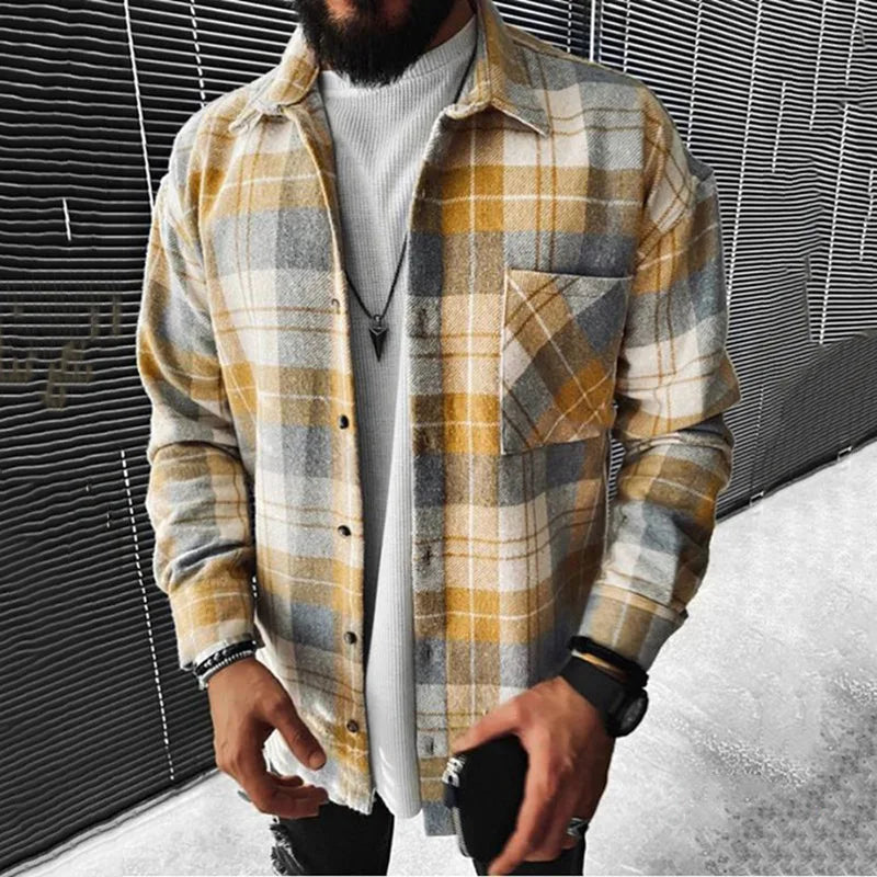 Men's Flannel Shirt with Stand-Up Collar