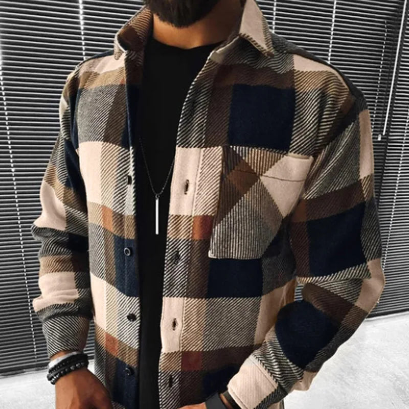 Men's Flannel Shirt with Stand-Up Collar
